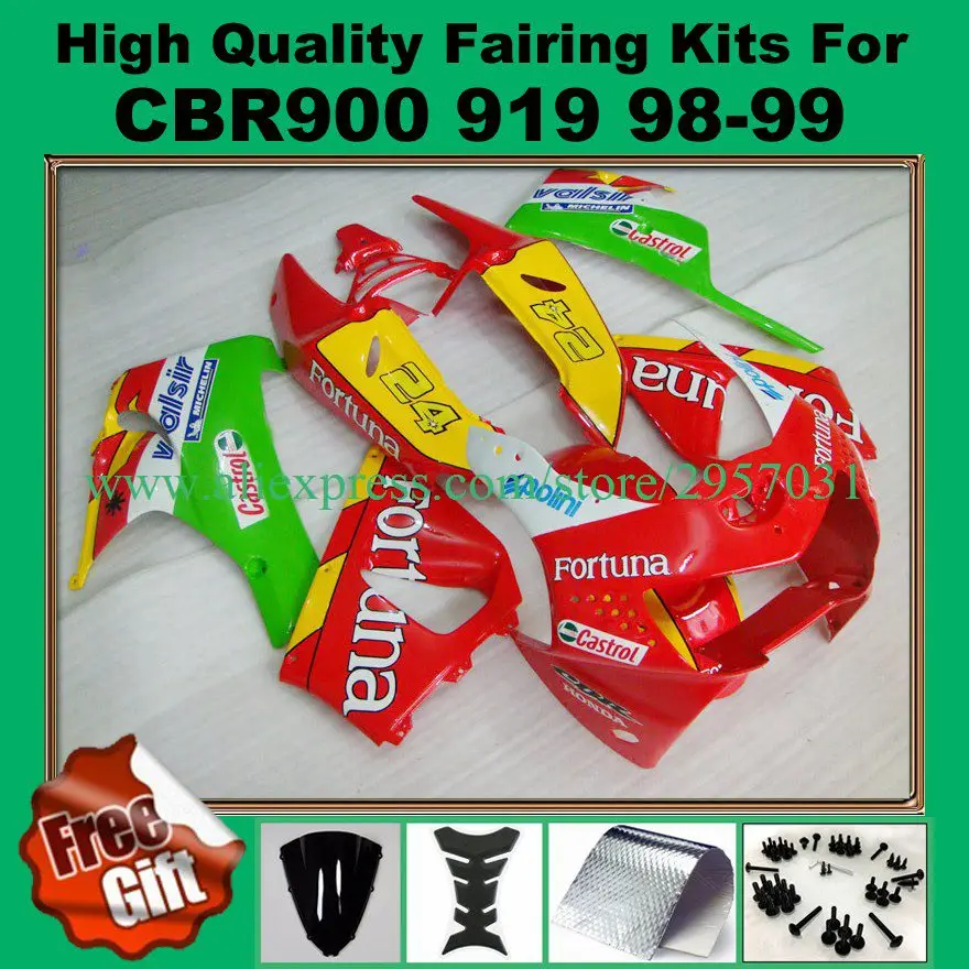 

Free screws+gifts Fairing kit for HONDA CBR900RR 919 98 99 CBR 900RR CBR900 1998 1999 ABS Red Green Yellow Fairings set