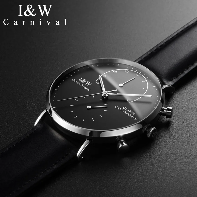 

CARNIVAL UltraThin GMT Sapphire Crystal Quartz Men Watch TopBrand Luxury Leather Montre Homme Waterproof sport relogio masculino