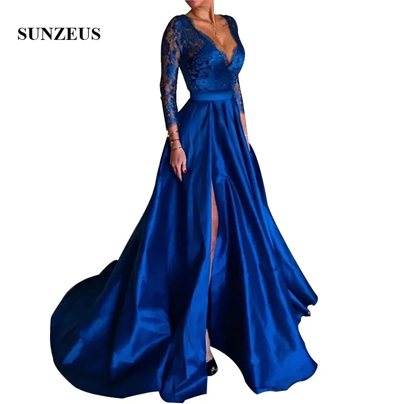 

Lace Long Sleeves Evening Gowns 2022 A-line V-neck Long Satin Formal Dress Royal Blue Women Party Gowns With Silt