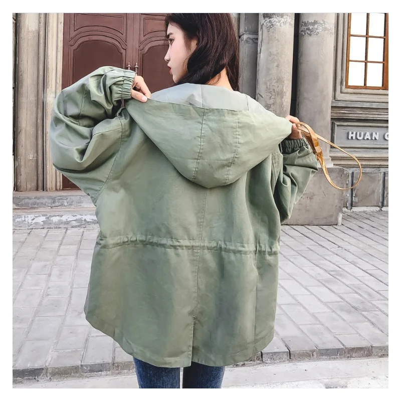 Женская куртка с капюшоном Свободная Повседневная ветровка армейского зеленого