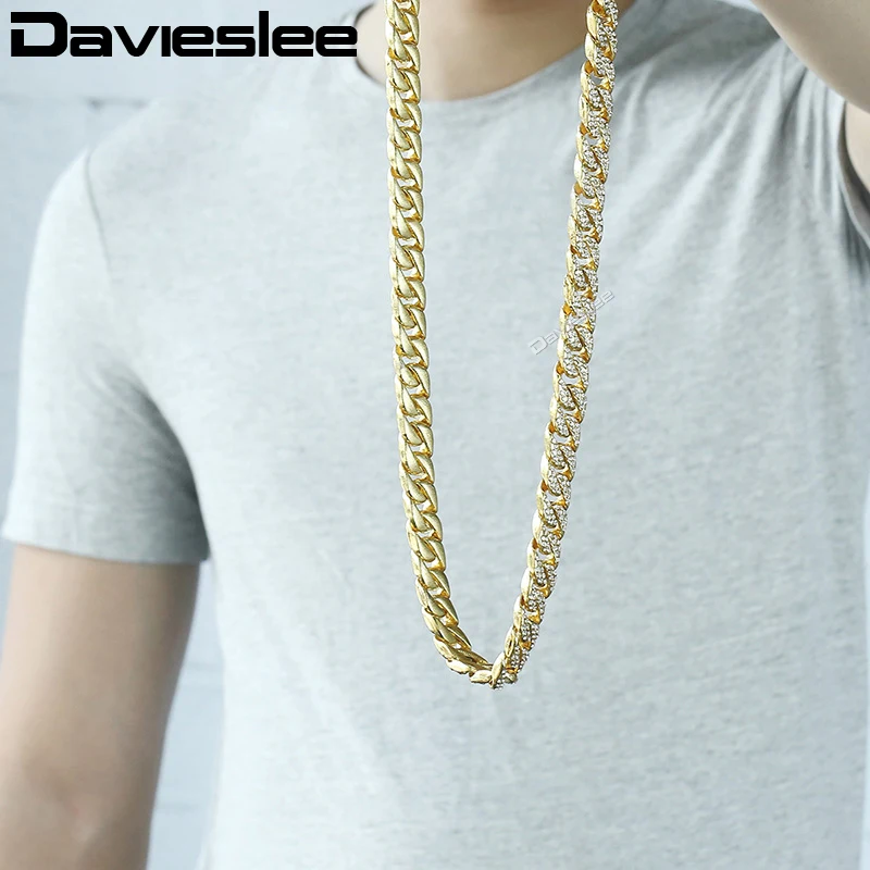 Davieslee Gold Necklace For Men Miami Curb Cuban Chain Necklaces Iced Out Men's Woman Jewelry Dropshipping 14mm LGN455 | Украшения и