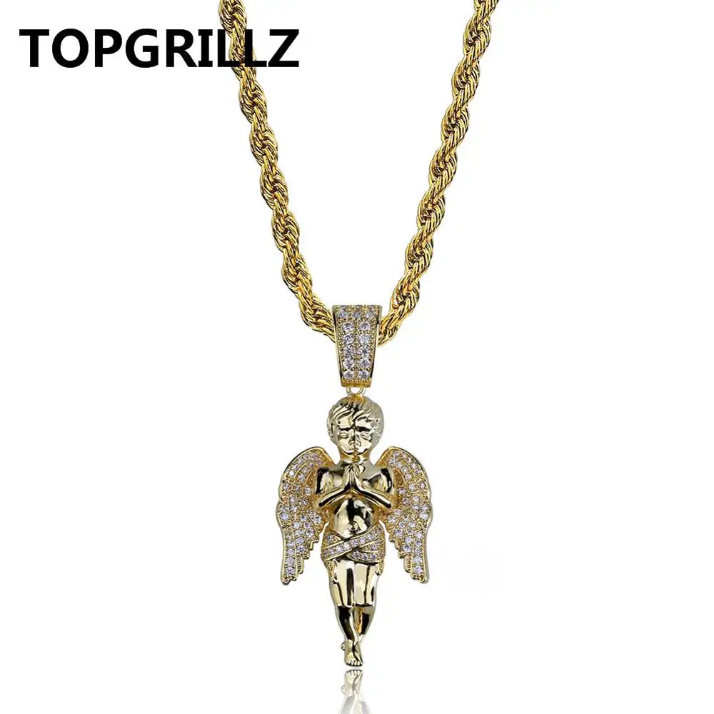 Gold TOPGRILLZ хип-хоп, мужское, женское ожерелье, позолоченное, покрытое льдом, микро проложенный CZ камень, подвеска ангела, ожерелье, s love'sblession, подарки - Окраска металла: Gold
