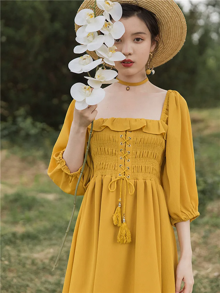 2019 новые модные женские платья французский суд ретро квадратный воротник Холтер