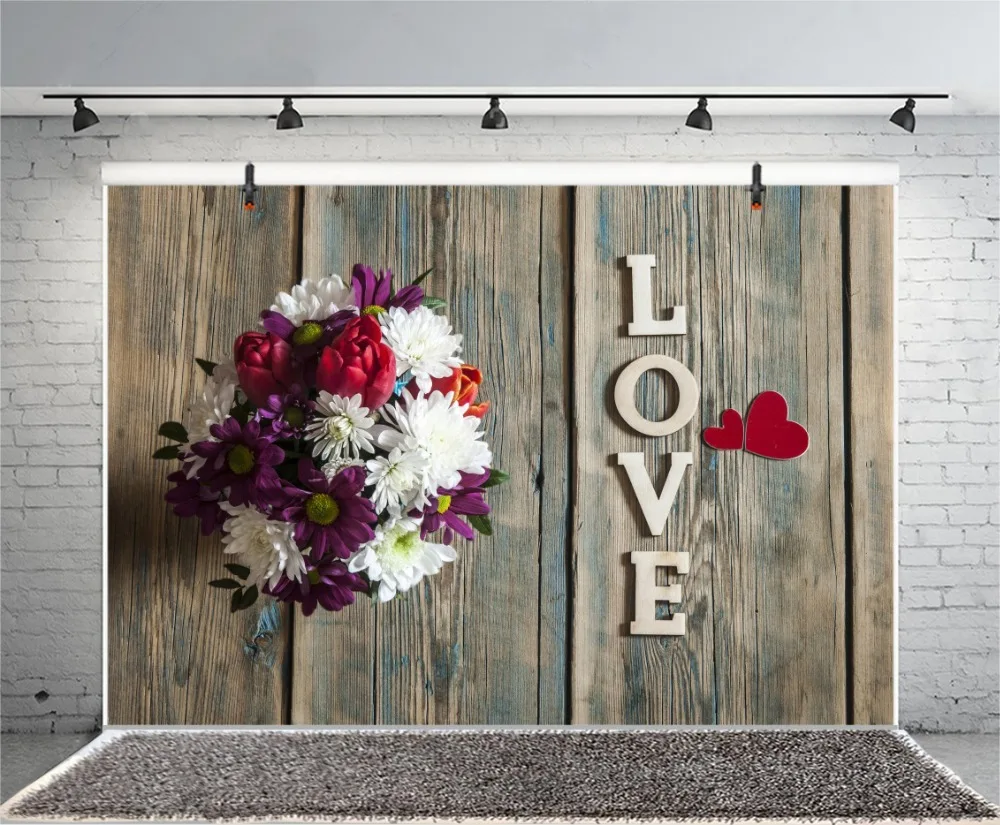 Laeacco Word Love Flower Wooden Board Portrait Scene Photographic Backgrounds Customized Photography Backdrops For Photo Studio |