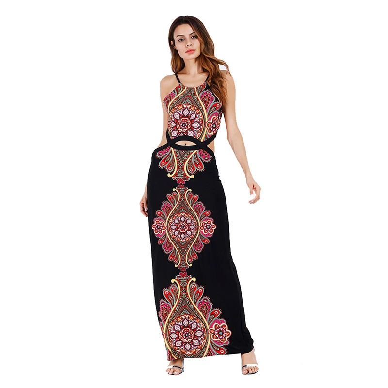 Принт вырез Повседневное платье 2018 новый летний Boho макси Холтер Цветочный