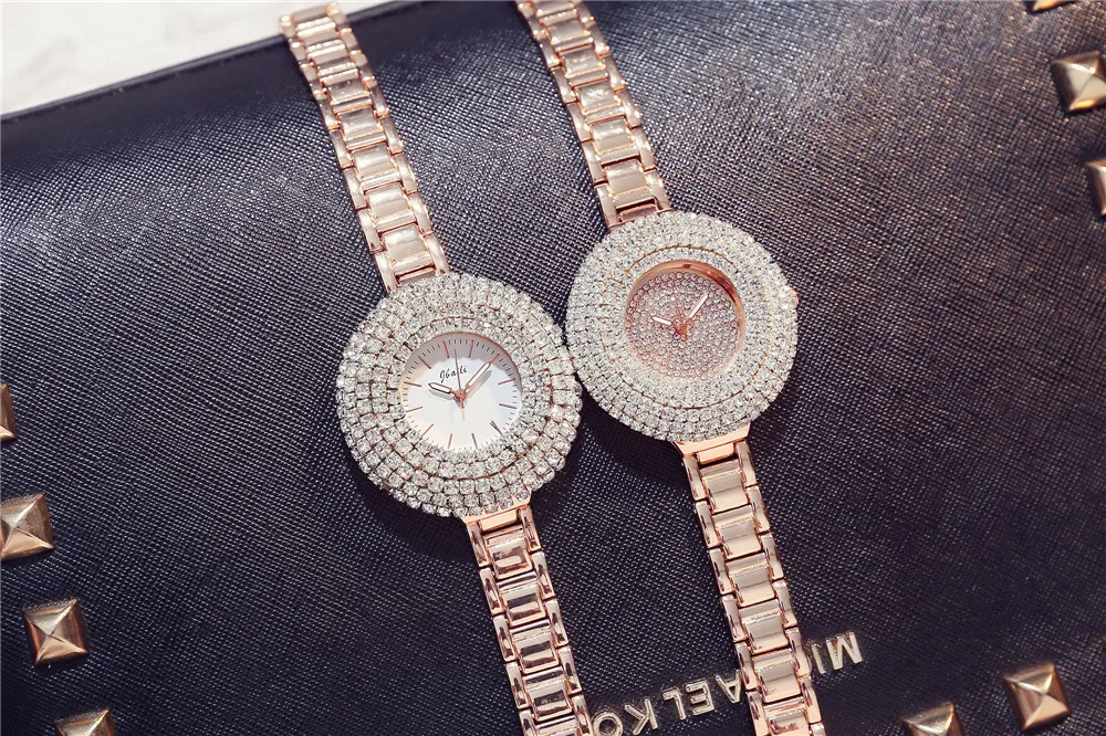 Роскошный топ бренд розовое золото женские кварцевые часы Bling Полный Кристалл циферблат браслет из нержавеющей стали платье женские наручные часы