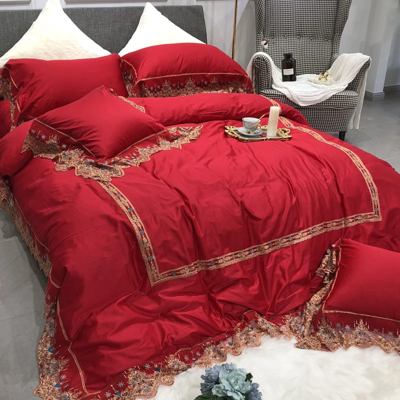 

Luxury Embroidered 100S Egyptian cotton Lace Wedding Bedding sets Queen King Red Duvet cover Bed sheet set Pillowcase 4/6pcs