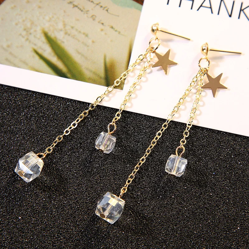 

Cubic Clear Rhinestone Double Golden Chain Tassel Star Drop Earrings Dangle Earrings for Women