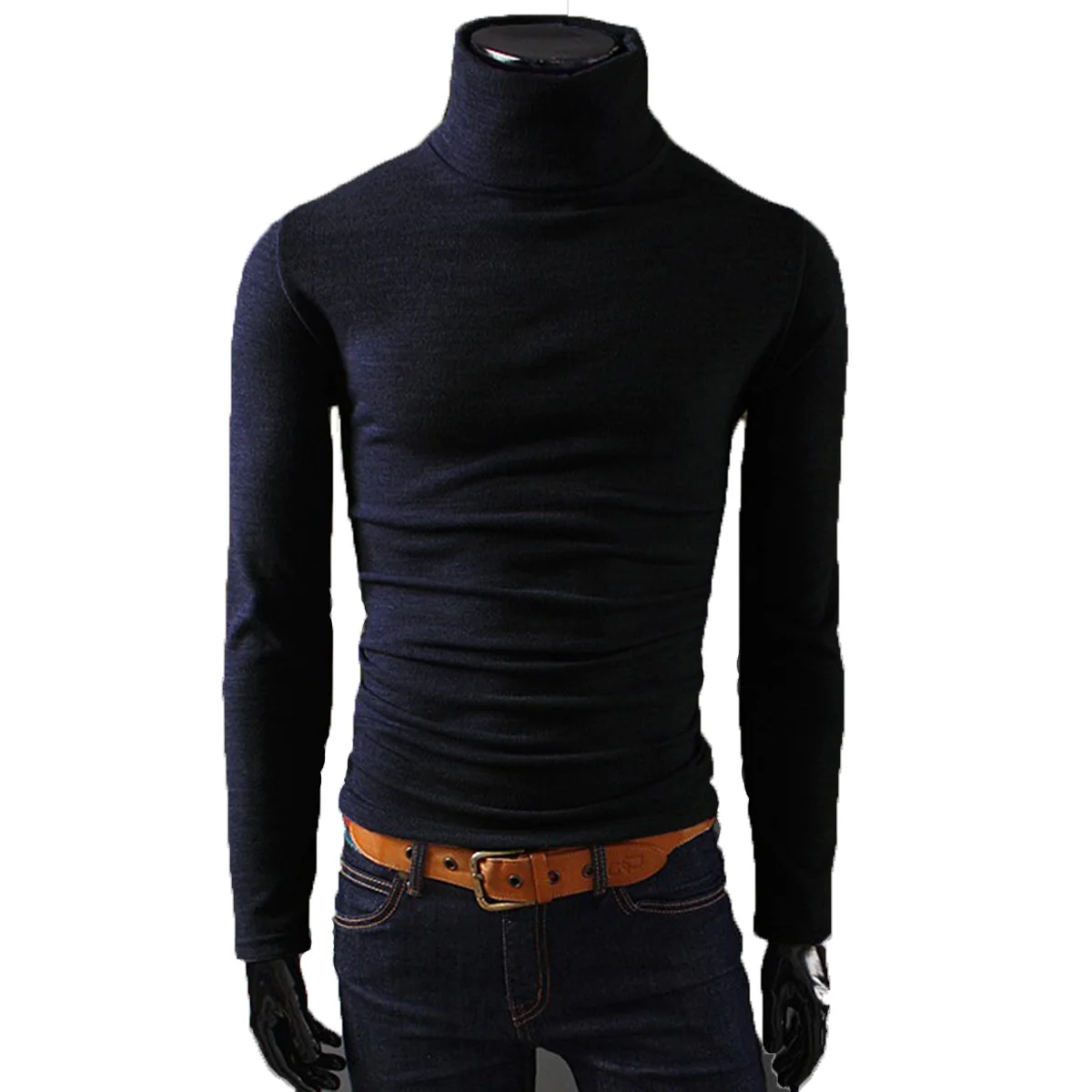 Зимний вязаный свитер с высоким воротником для мужчин черный осенний