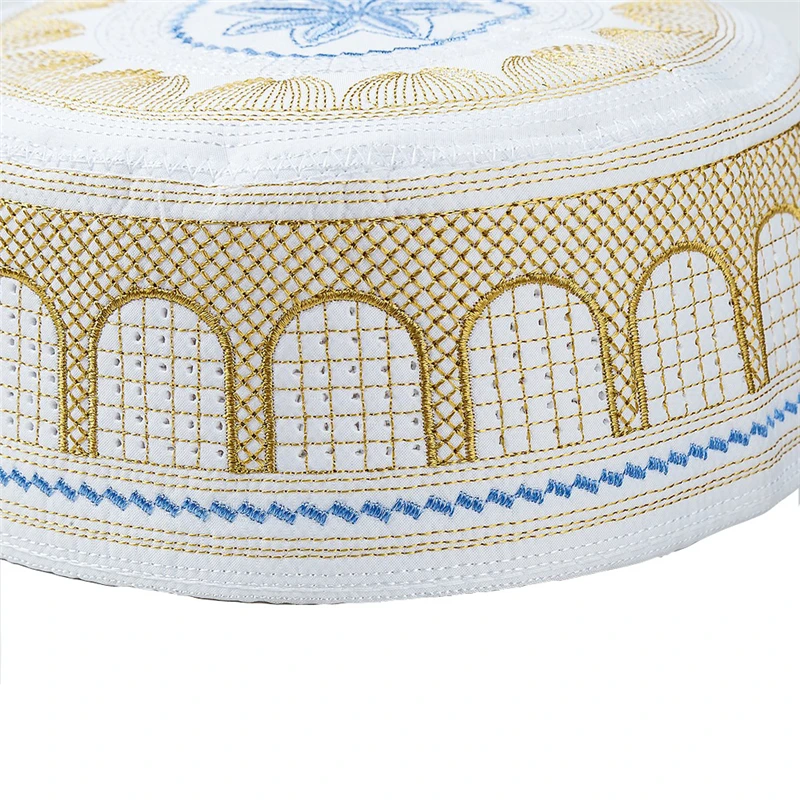 

Arab Muslim Men Clothing Hats Jewish India Embroidery Prayer Hat Black White Blue Yellow Flat Top Innocent Hijab Cap For Man