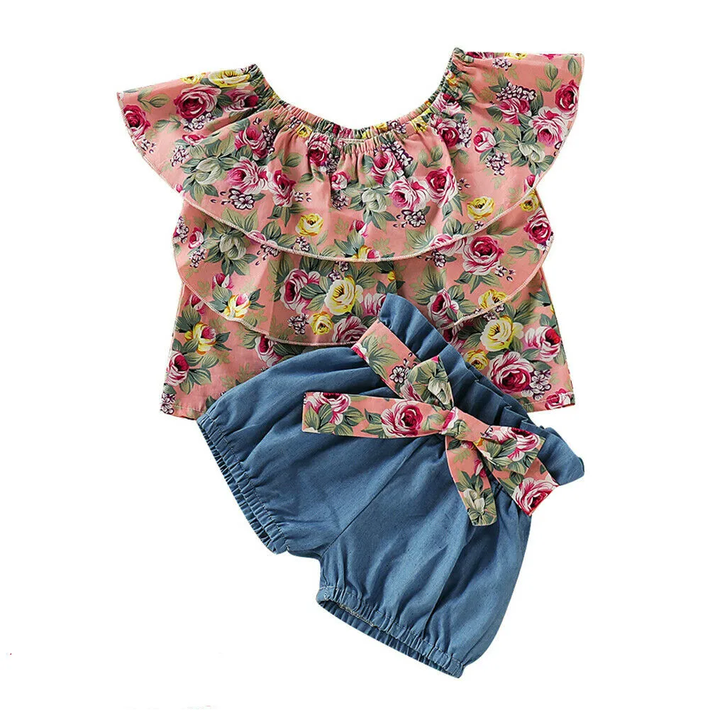 1-5Y Summer Toddler Kids Baby Girl Floral Layered Blouse Tops Shorts Pant Bottom 2PCS Outfits Girls Clothing Set | Детская одежда и
