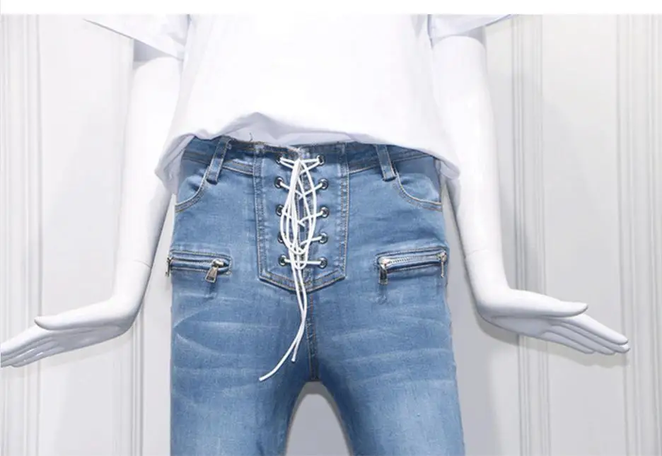 

Fashion brand temperament lace up skinny bandage jeans spring and summer new ankle-length light blue denim pencil pants L778