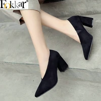 eokkar 2019 casual shoes pointed toe women mules high heels women pumps flock black dropshipping ladies pumps big size 34 43