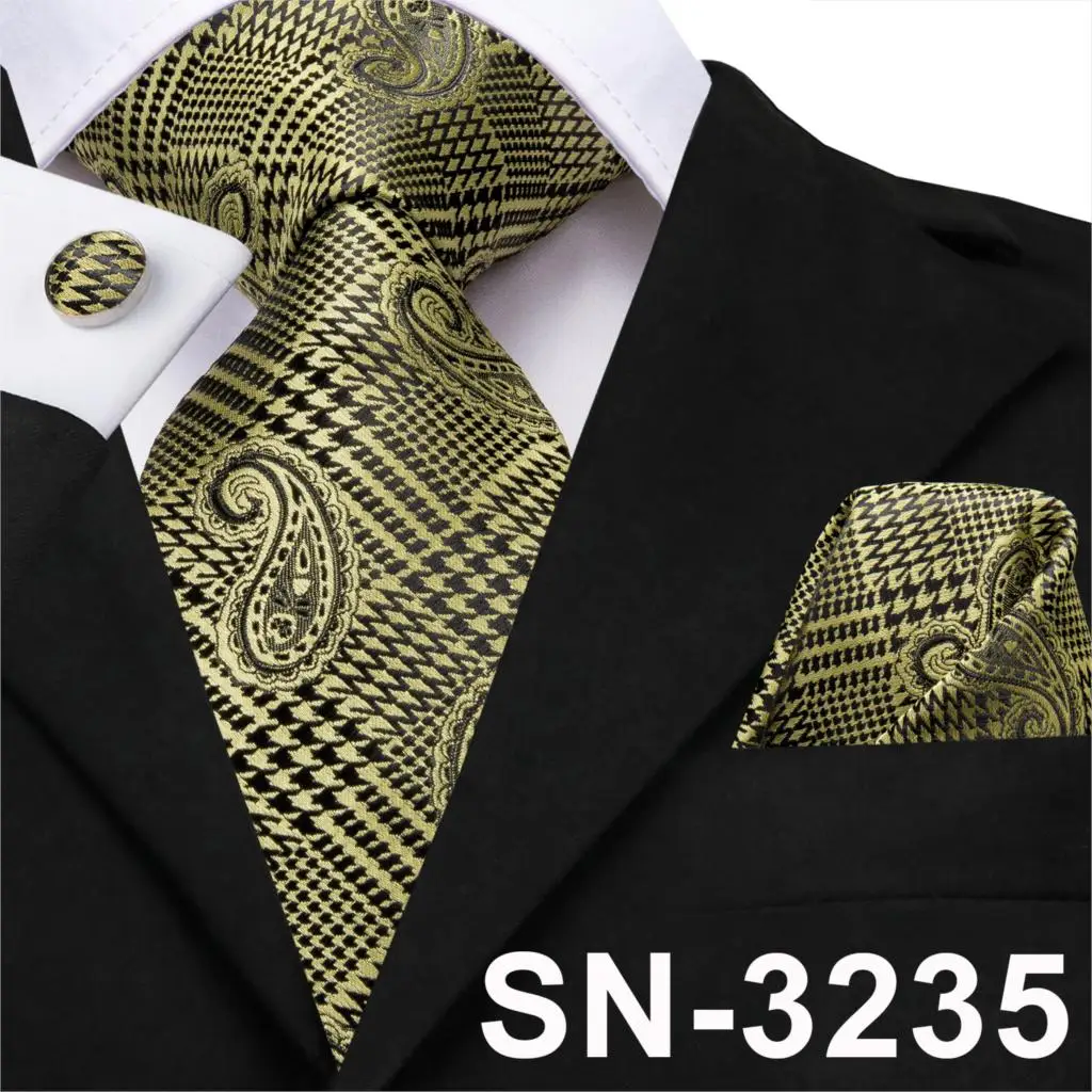 SN-3235 Hi-Tie Мужской Шелковый галстук клетчатый зеленый/синие галстуки Hanky набор запонок подарок полосатый галстук подарок для свадебной вечеринки Прямая поставка - Цвет: SN-3235