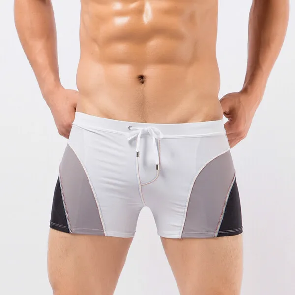 Мужские Плавание Мужские Шорты для купания эротичное мужское белье Sexy Gay Mens Плавание одежда Шорты для плавания, Плавки пляжная Серфинг для купания костюм шнурок Лоскутная трусы-боксеры sunga - Цвет: Белый