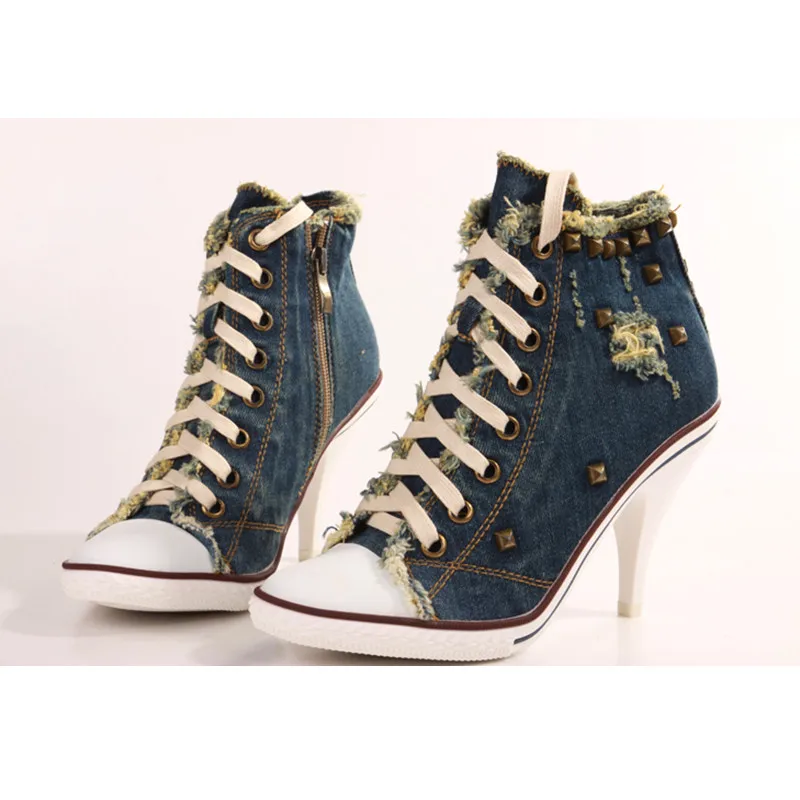 

Vintage Dark Blue Women Ankle Boots Cowgirl Denim High Heels Botas Feminina Ladies Studded Shoes Side Zipper Sport Pumps Sapatos