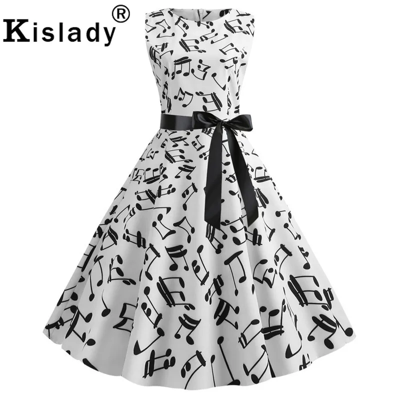 Summer Women's Butterfly Music Note Print Vintage Dress Striped Sleeveless Swing Black Casual Plus Size Vertidos | Женская одежда