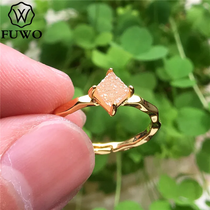 D FUWO квадратное кольцо Aura Druzy с 24K золотым наполнением, минималистичный дизайн, необработанные кольца Druzy для женщин, регулируемый размер RG017 - Цвет основного камня: D