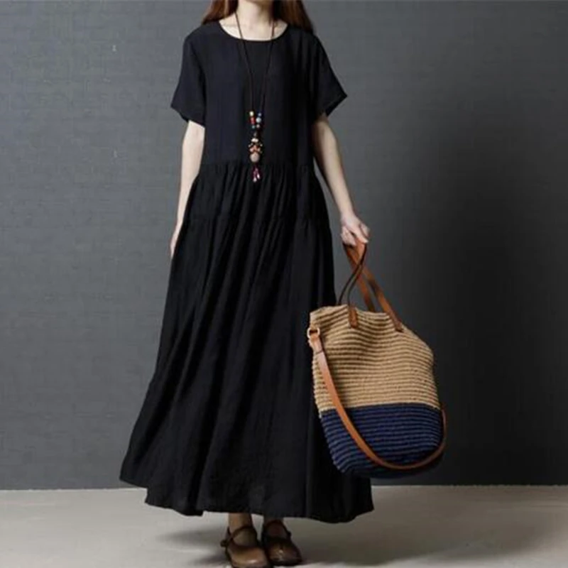 

Summer Full Dress Short Sleeve Cotton Linen Dress Vestidos Vintage Casual Loose Long Dress Black/Blue