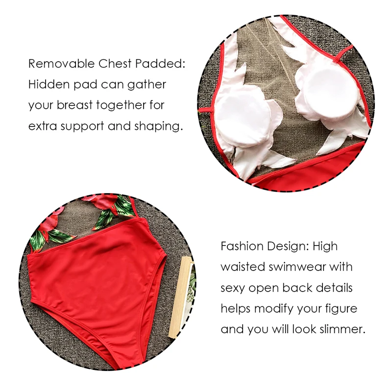 2019 Women Sexy Bikini Red Flower One Piece Push Up Padded Monokini Backless Swimwear Swimsuit Beachwear ladies bathing suit | Спорт и