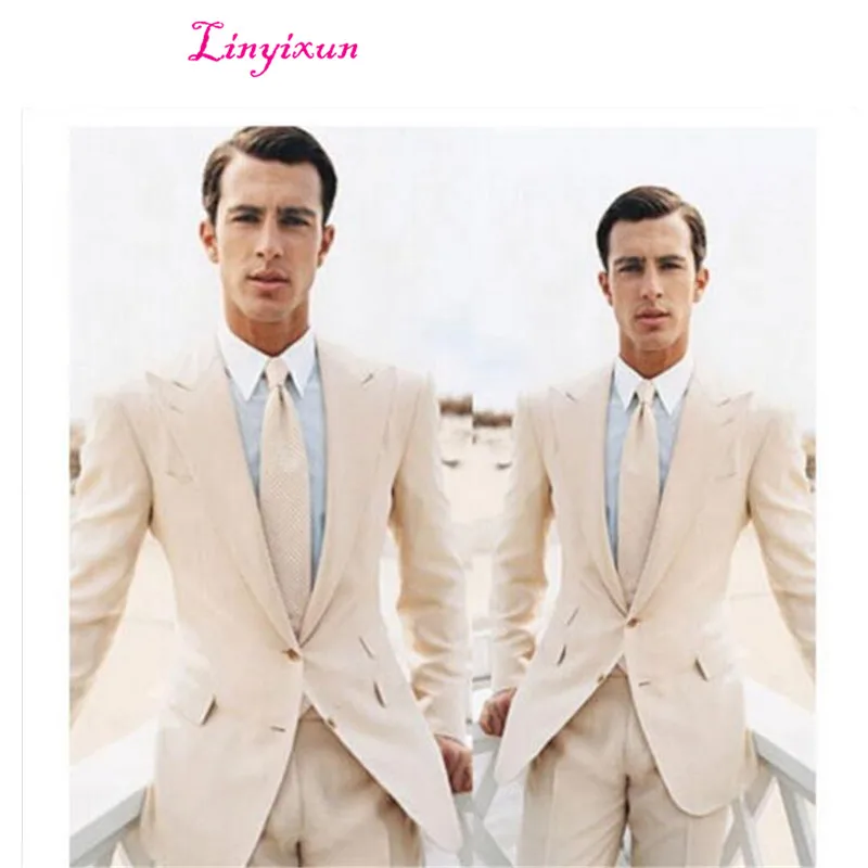 

Linyixun 2020 Men's suit Beige Men Slim Suit Groom Wedding Formal Tuxedos Suits Jacket Pants Custom Made