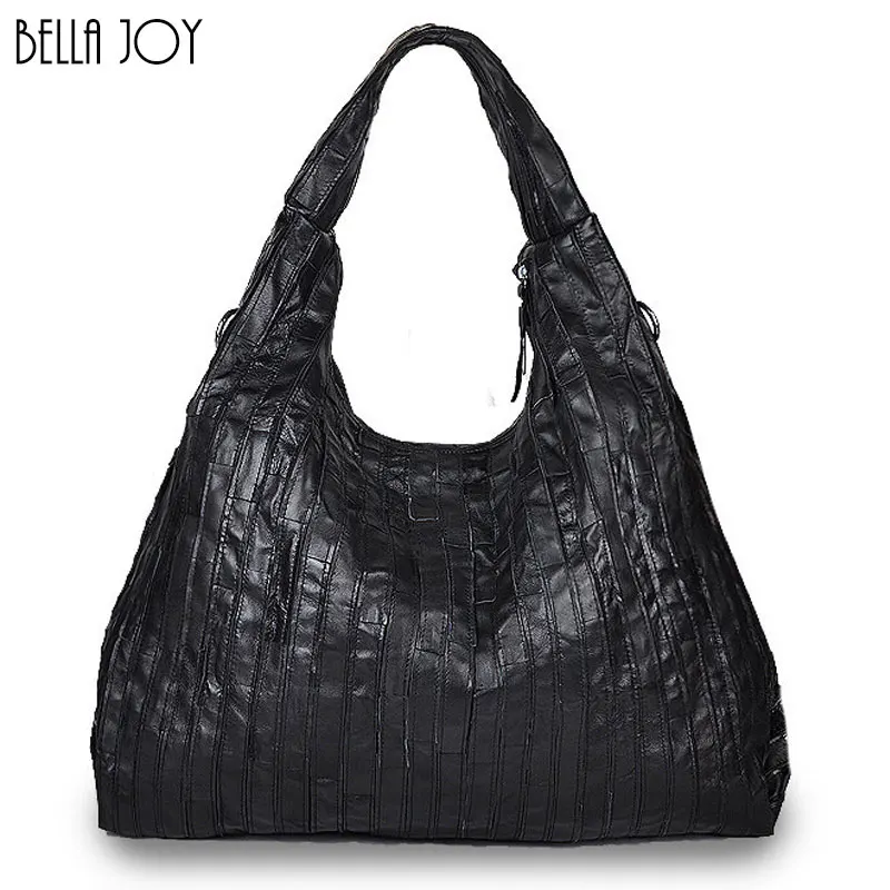 Black M BELLA JOY большой емкости Женские сумки из натуральной кожи плиссированные дизайнерские Популярные - Цвет: Black M
