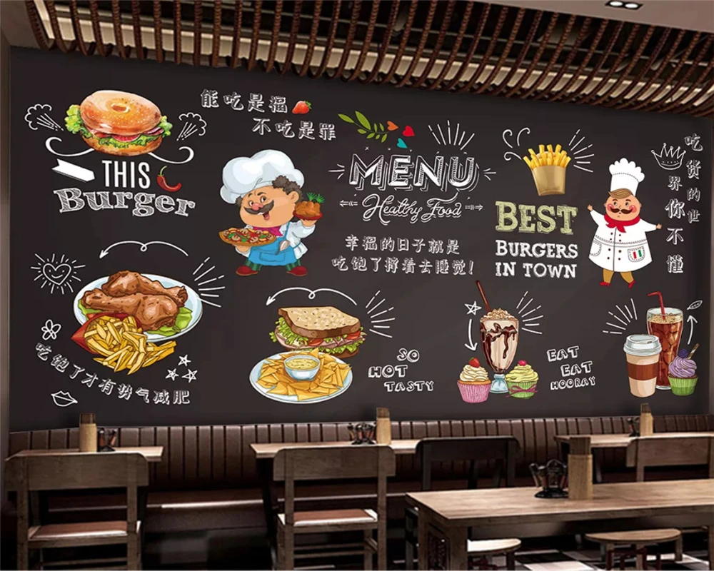 

beibehang Custom fashion personality wallpaper hand-painted blackboard western pizza hamburger background wall papers home decor