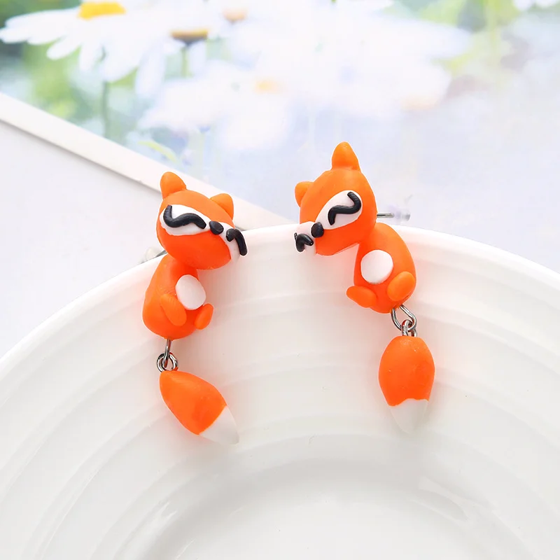 

Creative Handmade polymer clay earring Animal cartoon fox split ear studs