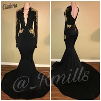 black sexy mermaid prom dresses 2020 deep v neck gold appliques long sleeves evening gowns wear special occasion party gowns