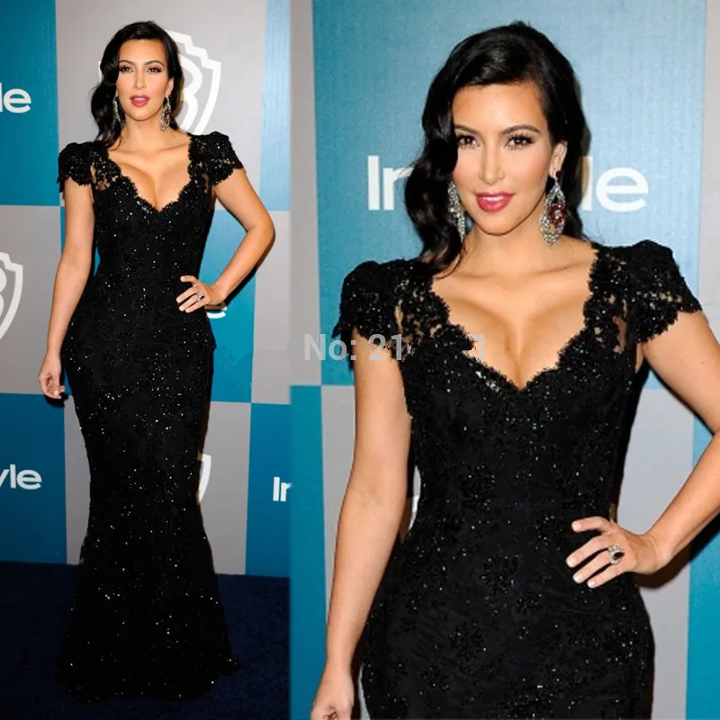 Black Formal Celebrity Dresses Mermaid V-neck Cap Sleeves Lace Beaded Sexy Long Evening Famous Red Carpet | Свадьбы и торжества