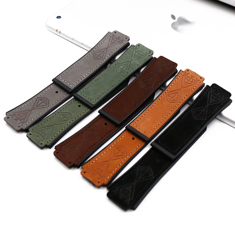 Watch accessories leather watch with 19mmx25mm rubber strap buckle for HUBLOT big bang sports waterproof bracelet watch band
