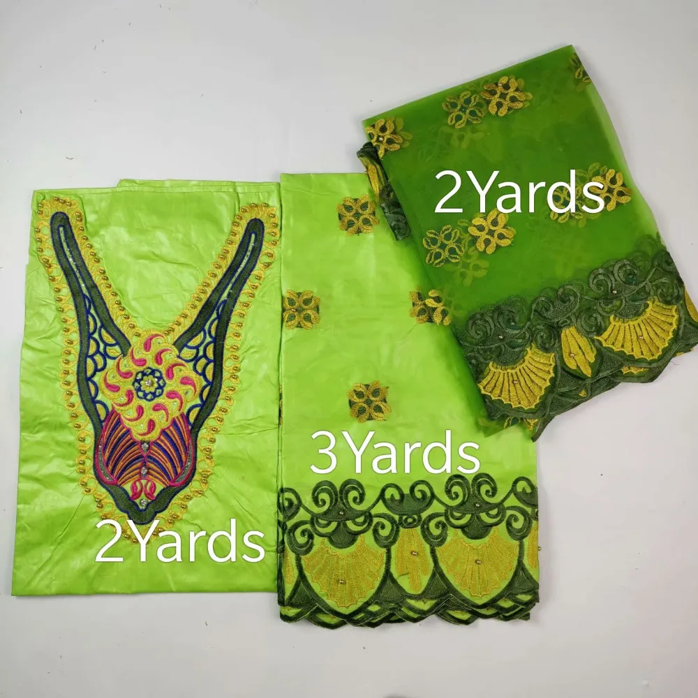 (3 + 2 ярдов) Индия Базен Riche Getzner кружевная ткань 2018 с блузкой зеленый цвет бисером
