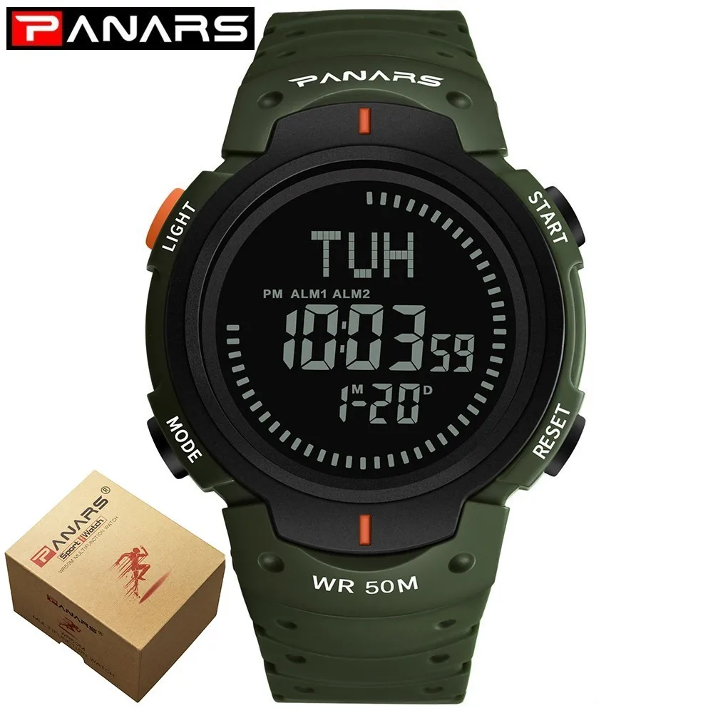 green with box PANARS компасы часы спортивные уличные мужские часы цифровые электронные наручные часы мужские Секундомер Хронограф ударопрочный водонепроницаемый - Цвет: green with box