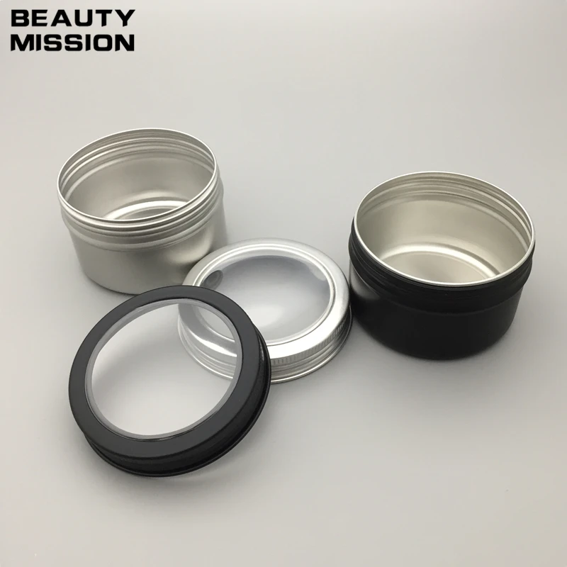 Beauty Mission 100 г алюминиевая черная/Серебристая оконная банка 100 мл Бутылочка для косметического крема видимая пустая винтовая крышка лосьон жестяные банки контейнер