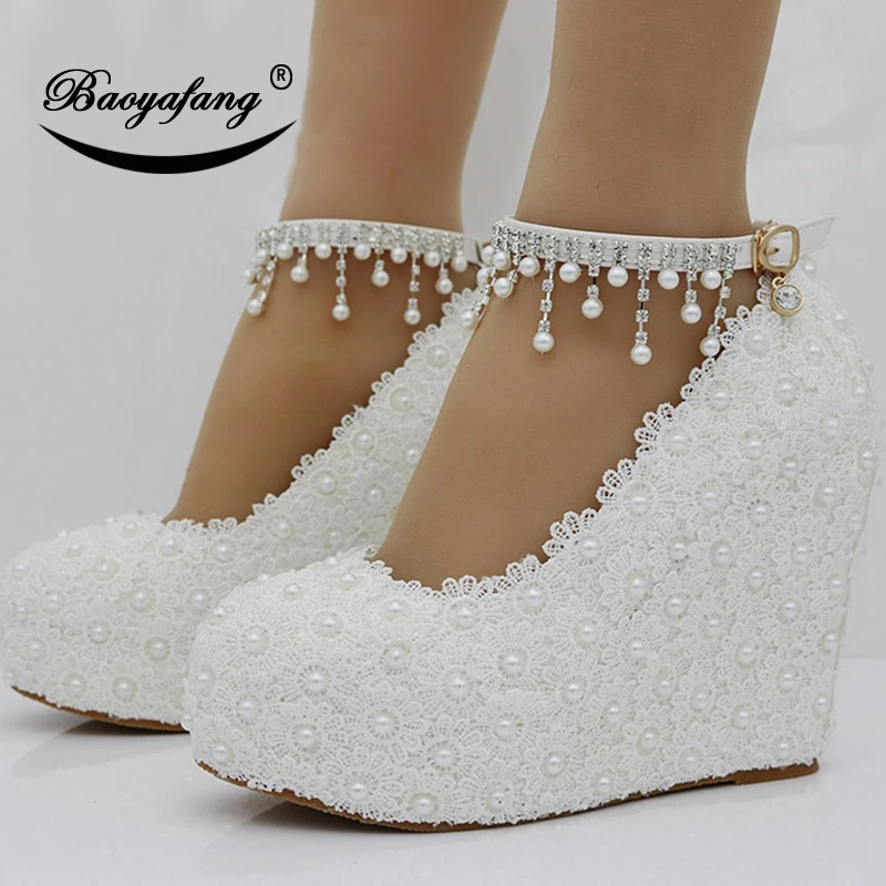 

BaoYaFang New Wedges White/pink Lace-up Wedding shoes woman 11cm High heels shoes Bridesmaid fashion ankle strap Womens Pumps