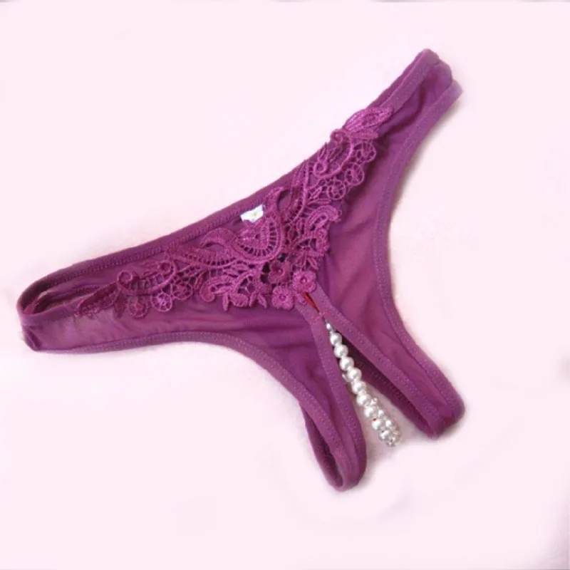 Women Thong With Beads Lace Panties With Open Crotch Transparent Lingerie Femme Sexy Pearl Thong Crotchless Sex Erotic Underwear