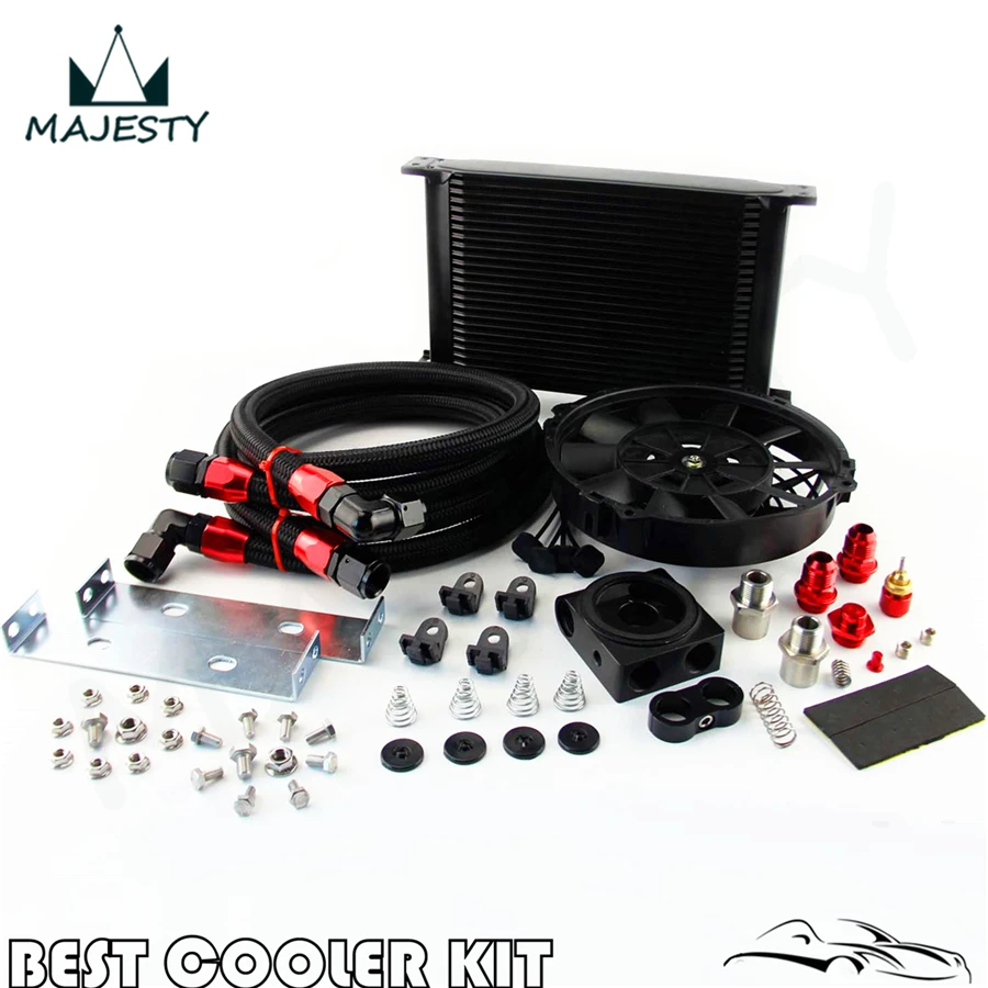 Universal AN10 25 Row Oil Cooler Thermostat Sandwich +7&quot Electric Fan kit |