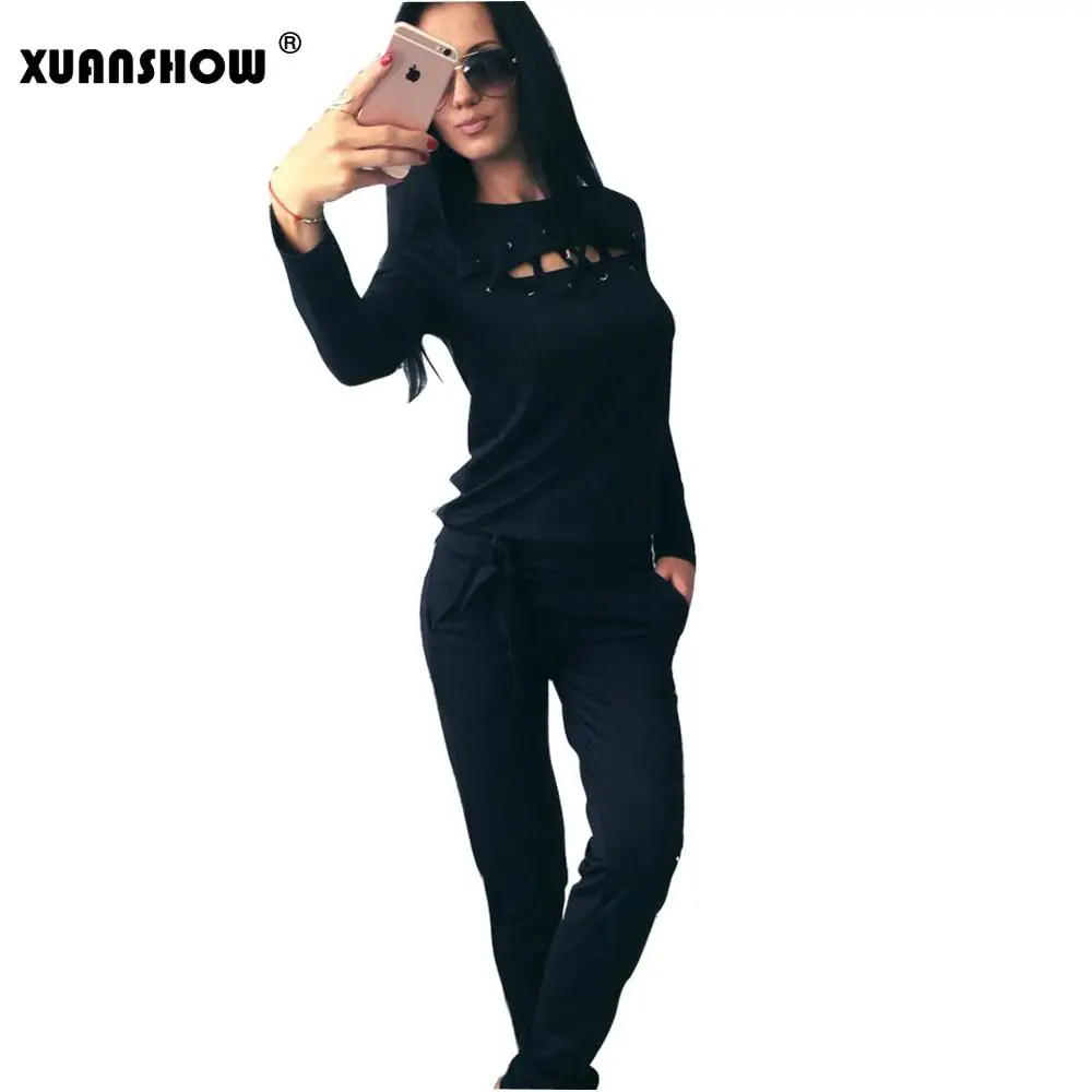 Black XUANSHOW для женщин s спортивный костюм спортивная одежда сексуальная выдалбливают отверстие с длинным рукавом Женские костюмы толстовка и треники Женский комплект 2 шт - Цвет: Black