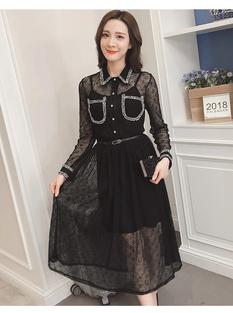 Женская одежда 2018 весна осень лето стиль корейский vestidos черно-белое кружевное