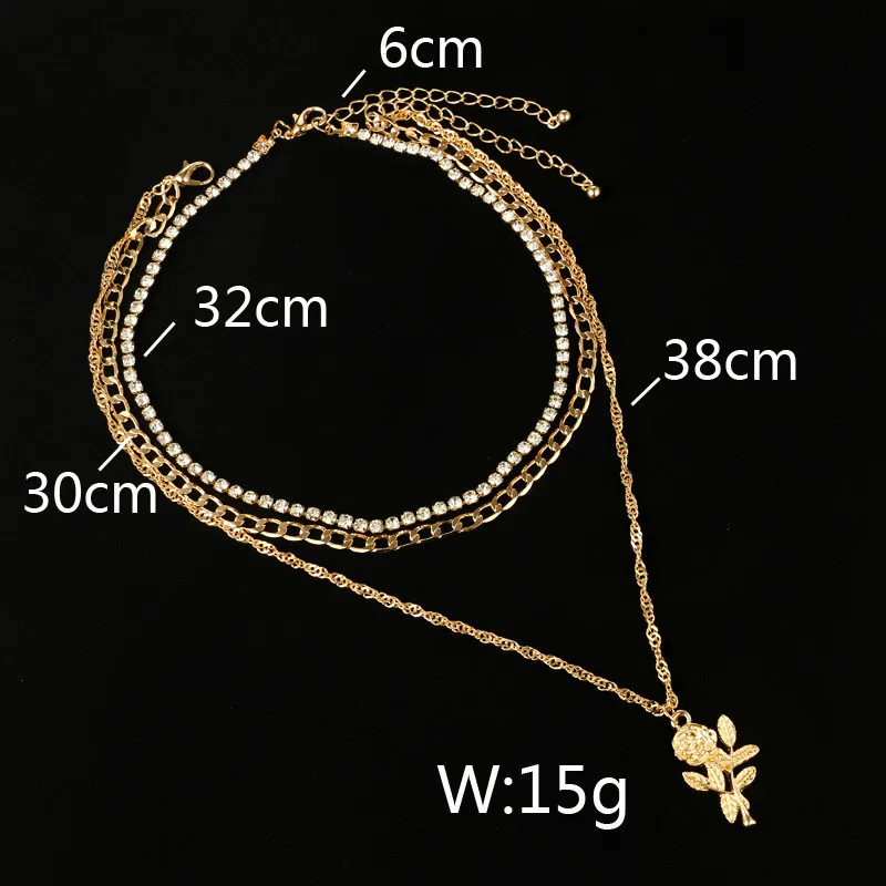 

Fashion Multi Layer Rose Flower Crystal Pendant Necklace For Women Hollow Gold Color Chain Necklace Wedding Gift