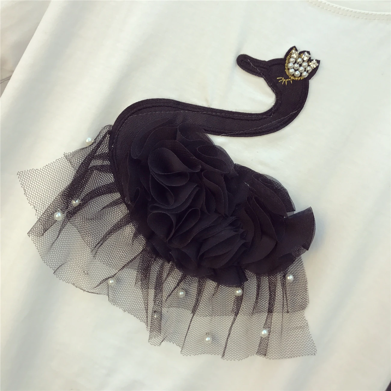 ALPHALMODA 2019 вышитая Лебедь жемчуг короткий рукав Футболка до середины икры марлевая