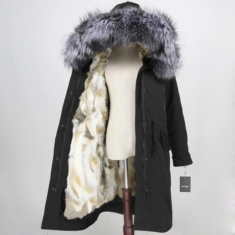 black silver OFTBUY, водонепроницаемая верхняя одежда, парка, зимняя куртка, Женское пальто с натуральным мехом, Воротник из меха серебристой лисы, капюшон, натуральный мех кролика, подкладка, теплая - Цвет: black silver