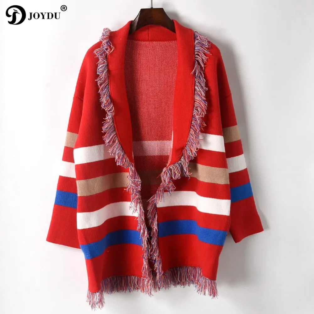 JOYDU Runway Poncho Cardigan Sweater Women 2018 Winter Thick Cape Tassel Lapel Wool Coat Jacket Color Block Striped Knit Jumper |