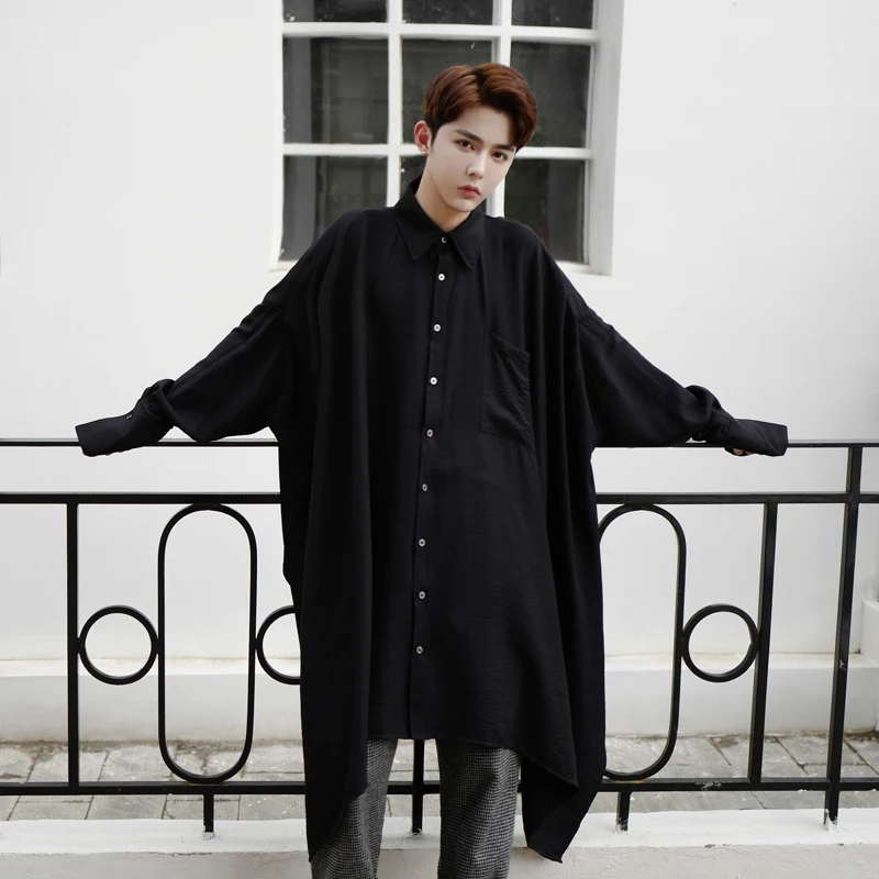 Осенняя Новинка мужские сверхсвободные рубашки оверсайз с длинным рукавом