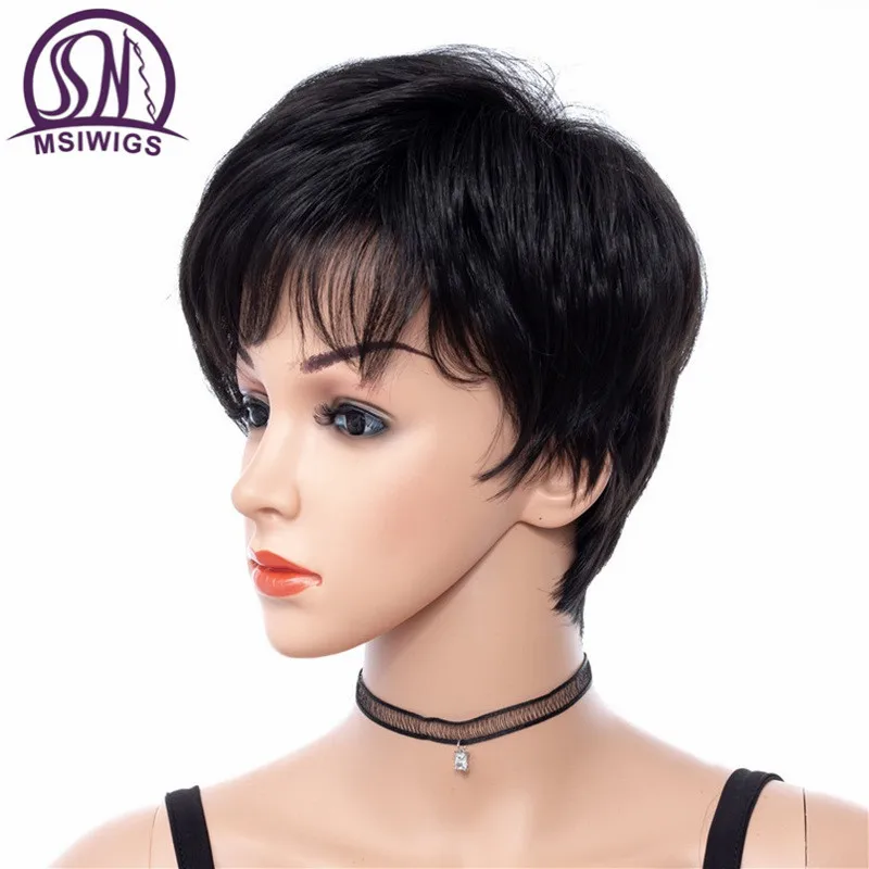 MSI Wigs короткие женские парики в черном кудрявые прямые синтетические волосы парик с боковой челкой без клея 8 дюймов волосы термостойкие