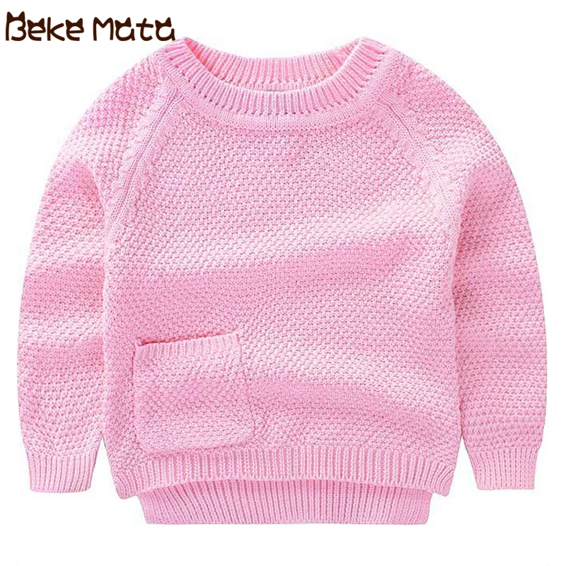 Pink Детские свитера для девочек; сезон осень-зима; Новинка года; свитер с карманами для маленьких мальчиков; Одежда для девочек; однотонная одежда для детей с круглым вырезом - Цвет: Pink
