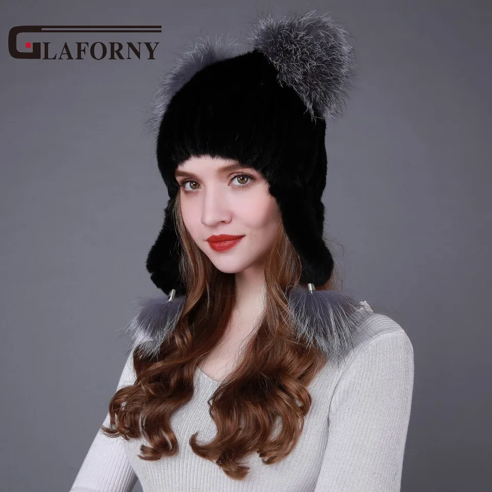 Glaforny, Вязаные норковые меховые шапки с протектором для ушей, женские модные меховые шапки-бомберы, меховые шапки в русском стиле, меховые шапки серебристой лисы, меховые шарики