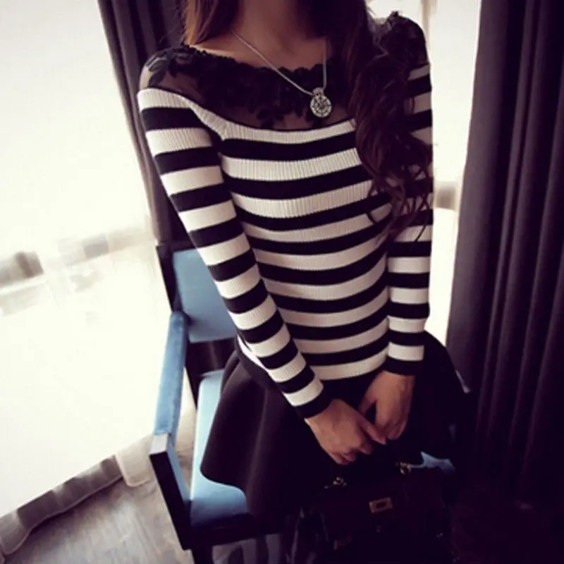 2017 Женщин Футболки Стрейч Цветочные Кружева Лоскутная О Шеи Длинным Рукавом Slim Fit