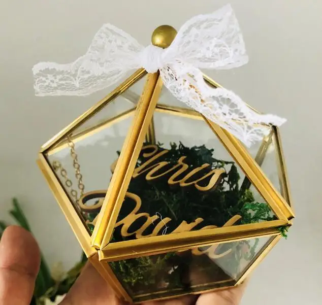 Customized Box Персонализированное имя, свадебное стеклянное кольцо, коробка на заказ, имя жениха и невесты, стеклянный держатель для ювелирных изделий, Пентагон, геометрические держатели для подарков - Цвет: Customized Box