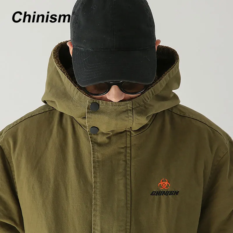 CHINISM army green длинный Тренч Мужская Зимняя Толстая Повседневная Верхняя одежда с